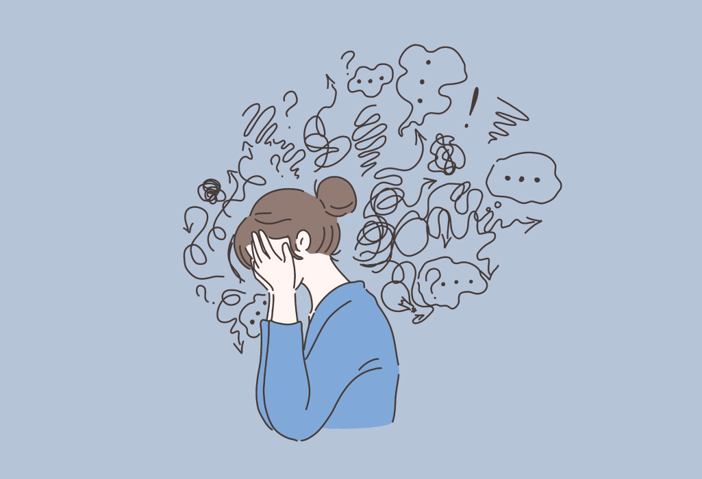 Graphic of a woman covering her face and surrounded by squiggles because of dental anxiety she wants to overcome