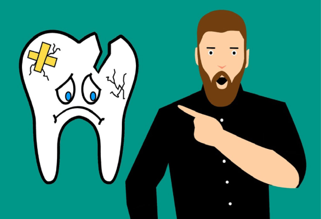 cartoon man points to a sad chipped and cracked cartoon tooth