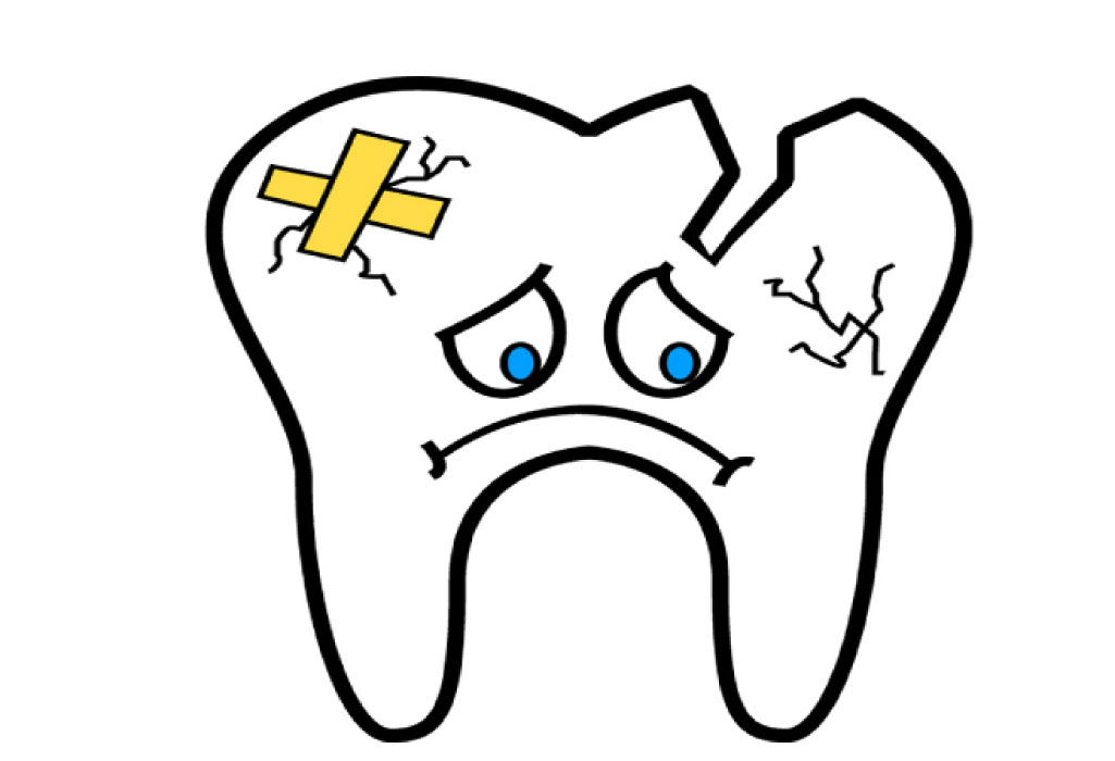 cracked, chipped cartoon tooth frowns